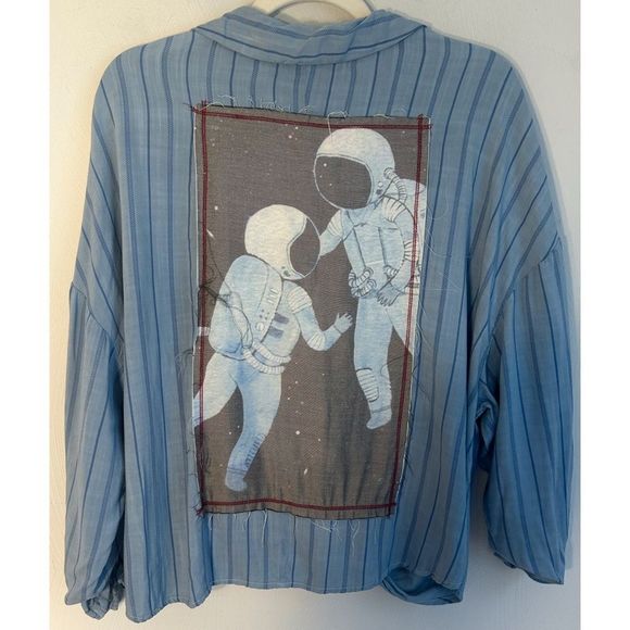 The Nu Vintage Tops - The Nu Vintage Astronaut Embroidered Graphic Button Down Shirt - Size Large